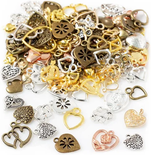 stino 100 gramos de dijes de metal para hacer joyas, chapados en plata y oro, paquete a granel para pulseras, collares, manualidades Corazón Un