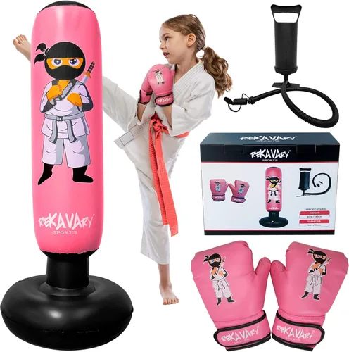 Miniatura 7 de Saco de boxeo para niños – 5 pies 3 pulgadas de alto y estable – Kit combinado de saco de boxeo inflable Ninja Kids con guantes de boxeo para niños