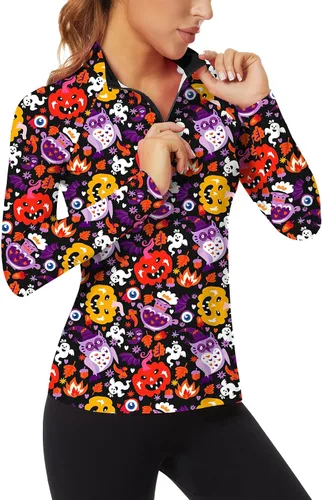Miniatura 71 de WOWENY Camiseta deportiva de manga larga para mujer, con cremallera de un cuarto, cuello para entrenamiento, camiseta de tenis con estampado