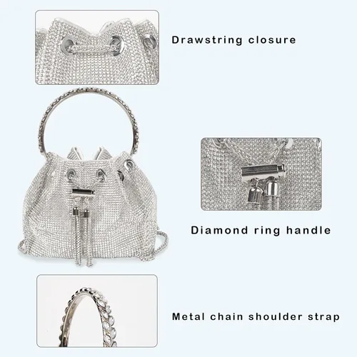 Miniatura 2 de QZUnique Bolso de cubo de diamantes de imitaciónlentejuelas con conjunto de joyas para mujer, bolso de noche plateado brillante con purpurina