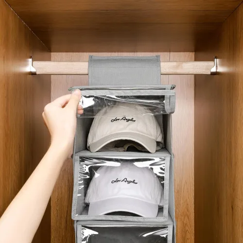 Miniatura 8 de Organizador de sombreros, perchero para gorras de béisbol, organizador colgante de armario con 10 bolsillos y funda, soporte plegable para Negro