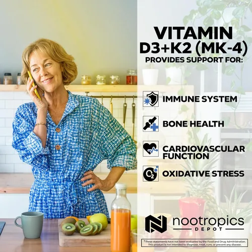 Miniatura 4 de Nootropics Depot Vitamina D3 + K2 con tabletas de vitamina C 60 unidades Colecalciferol + Menaquinona-4 (MK-4) Salud del estado de ánimo