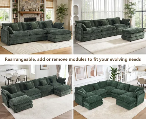 Miniatura 5 de Sofá modular modular de felpilla de asiento profundo, sofá en forma de L con almohadas y otomana móvil, cómodos sofás seccionales de nube de 3 Verde