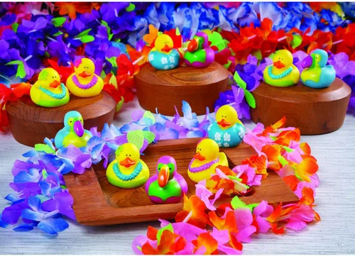 Miniatura 4 de Fun Express Paquete de 12 mini fiestas hawaianas de playa, paquete de 12 mini fiestas temáticas de playa con patos de goma estilo hawaiano vestidos