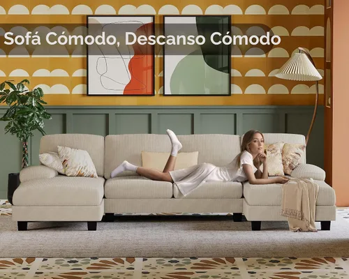 Miniatura 4 de Furmax - Sofás seccionales para sala de estar, sofá en forma de U con tela de lino, juego de sofá de 4 plazas con doble chaise para apartamento Beige