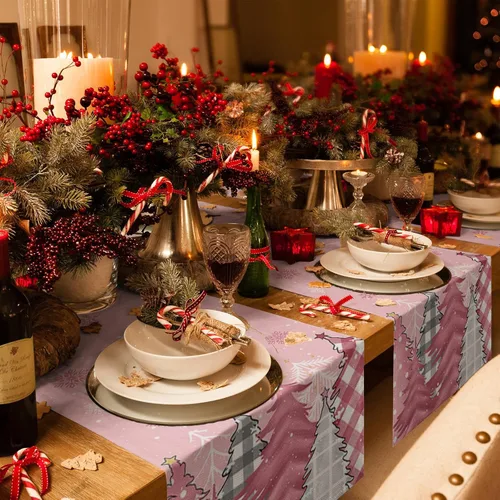 Miniatura 4 de Blush Pink Cotton Linen Small Table Runner 13 x 36 inch Non-Slip Rectangular Dining Table Decor for Wedding Party Holiday Dinner Christmas Pine Tree