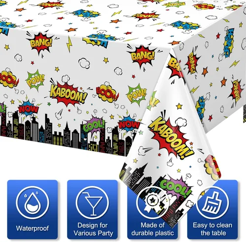 Miniatura 3 de 3 manteles de fiesta de cumpleaños con temática de héroes, mantel rectangular desechable de plástico de paisaje urbano blanco Super Bang para baby