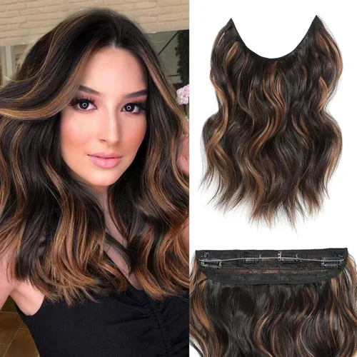 Miniatura 20 de Extensiones de cabello con halo de 12 pulgadas con alambre invisible, cabello largo ondulado ajustable, sintético, mejora con 4 clips de seguridad