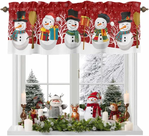 Miniatura 38 de Cenefa de amarre cardenal de Navidad, cenefa de cocina ajustable con hojas de eucalipto verde baya, cenefas blancas con bolsillo para barra