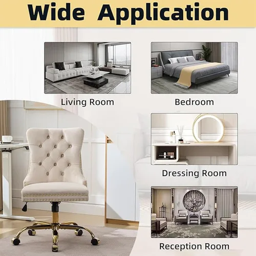 Miniatura 7 de Bonita silla de tocador beige con ruedas, silla de escritorio de oficina cómoda sin brazos de terciopelo para el hogar, silla giratoria