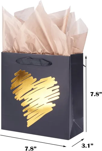 Miniatura 2 de ysmile Pequeña bolsa de regalo negra con papel de seda para hombres, fiesta de cumpleaños, aniversario, día del padre, 7.8 pulgadas, corazón dorado