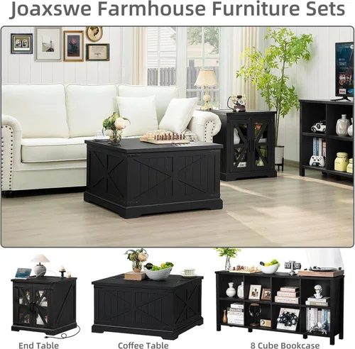 Miniatura 4 de Joaxswe - Mesa de centro de granja con gran compartimento de almacenamiento oculto, mesa central rústica negra cuadrada, mesas modernas de sala