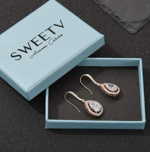Miniatura 6 de SWEETV Pendientes de boda de lágrima para novias, damas de honor, aretes colgantes de circonita cúbica para graduación, fiesta, ocasión formal