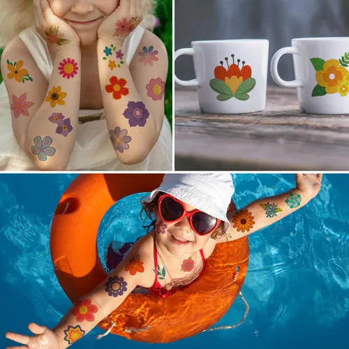 Miniatura 4 de CHARLENT Tatuajes temporales de flores con purpurina para niñas, 74 hojas individuales, impermeables y fáciles de despegar, recuerdos de fiesta