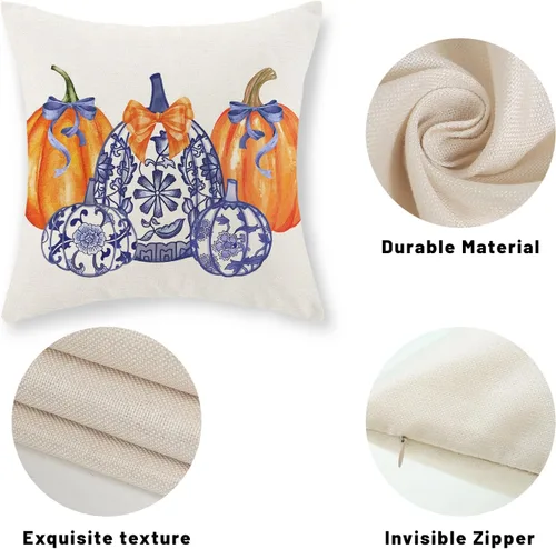 Miniatura 7 de Juego de 2 fundas de almohada de otoño de 16 x 16 pulgadas, diseño de calabaza azul y naranja, decoración de Acción de Gracias, decoración de otoño