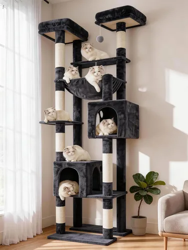Miniatura 10 de Hey-brother Torre de árbol alto para gatos, postes rascadores resistentes con plataformas grandes, condominios acogedores, hamaca grande, bolas