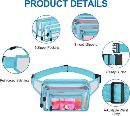 Miniatura 3 de Riñonera transparente aprobada por estadios para mujeres, para el trabajo, bolsa de cintura multiusos para viajes y eventos deportivos, Aguamarina