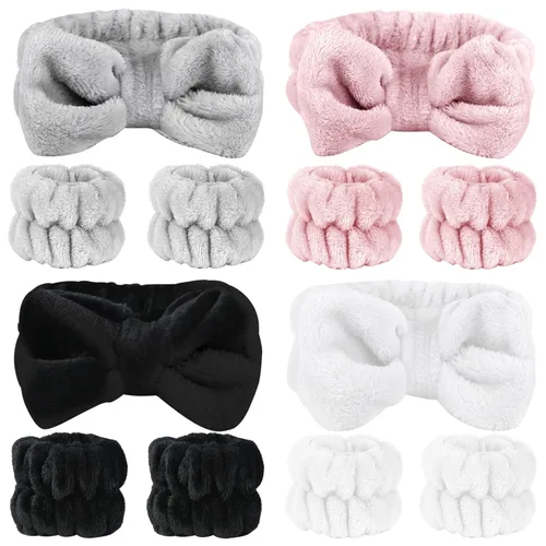 Miniatura 7 de SLNZAPTY Juego de 12 diademas y muñequeras para lavado facial para mujeres, envolturas de cabello de microfibra tipo spa para niñas, diademas y beige