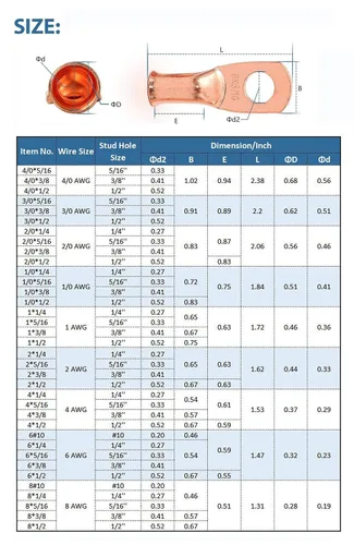 Miniatura 2 de 12 conectores de terminal de anillo de cobre 1/0x1/2 de 1/0 AWG de alta resistencia, extremos de cable de batería, terminales de cobre desnudo