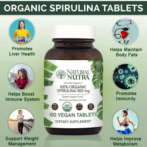 Miniatura 3 de Natural Nutra Tabletas de espirulina orgánica 100% USDA, píldoras de proteína de algas verdes azules con minerales ricos, ayuda a la salud