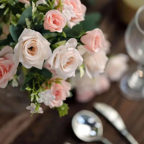 Miniatura 5 de Tableclothsfactory 4 arbustos Ramo de novia de seda artificial de 12 pulgadas, color oro rosa, flores sintéticas