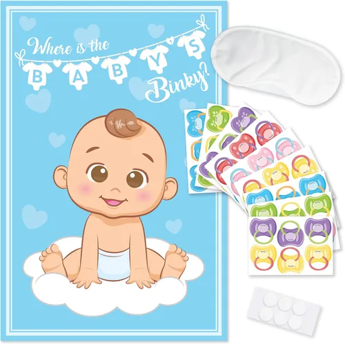 Fiesta Hearty Pin el chupete en el bebé, juego de baby shower - Blue Boy | 1 póster grande, 56 calcomanías coloridas de Binky, 1 cinta adhesiva de