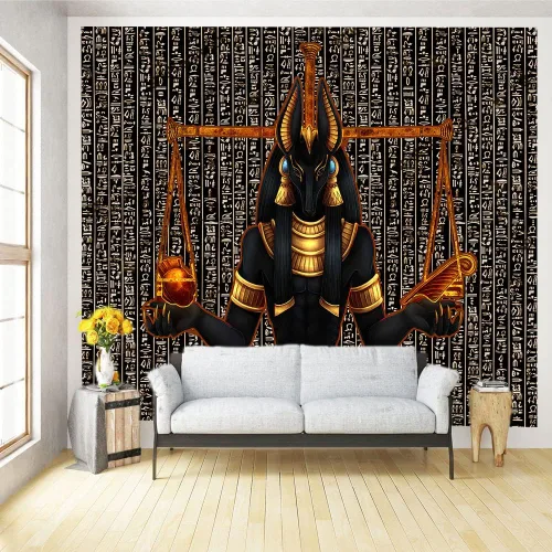 Miniatura 10 de Ine Ive Tapiz de estatua egipcia de Anubis, tapiz religioso mítico del antiguo Egipto, 40 x 30 pulgadas, jeroglíficos egipcios, decoración de pared