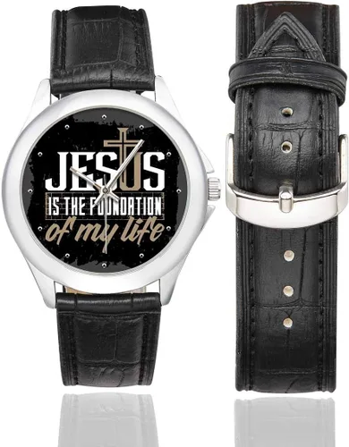Miniatura 2 de Versículo bíblico cristiano Jesús impermeable de acero inoxidable clásico reloj de correa de cuero, negro, Negro