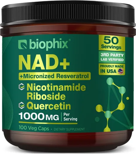 biophix Suplemento liposomal NAD+ para mujeres y hombres, 1000 mg por porción, ribósido de nicotinamida, resveratrol micronizado y complejo de