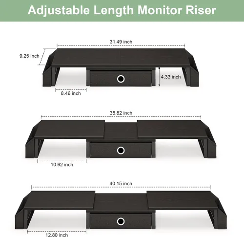 Miniatura 3 de Soporte elevador de monitor doble con cajón y pata de metal, estante de escritorio grande para 2 monitores con longitud y ángulo ajustables