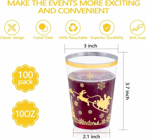 Miniatura 2 de supernal 100 vasos para fiestas navideñas, vasos de plástico dorados con diseño navideño, vasos para fiestas de plástico, vasos desechables, vasos