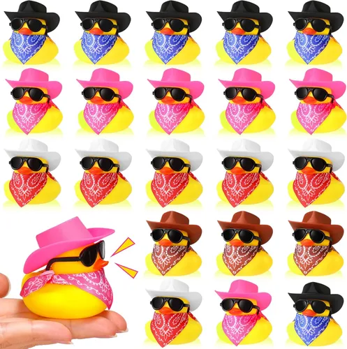 Miniatura 9 de Sosation Juego de 24 mini patos amarillos de goma para bañera con sombrero de vaquero, pañuelos de cachemira, gafas de sol para fiesta de cumpleaños