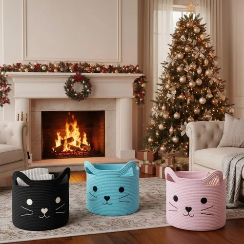 Miniatura 2 de VK VK·LIVING Cesta Grande de Juguetes para Gatos con Asas 15" L x 14" H Caja de Juguetes de Cuerda de Algodón con Diseño de Gato Negro, Cesta
