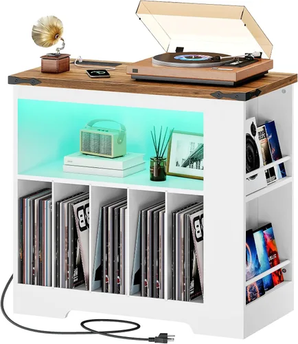 HOOBRO WH80UDRS01 - Soporte para tocadiscos, soporte para tocadiscos con estación de carga y almacenamiento de discos, mesa para tocadiscos de