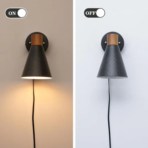 Miniatura 6 de Juego de 2 apliques de pared negros enchufables modernos, lámpara de pared para dormitorio con cable de encendido/apagado, aplique de madera