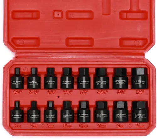 Miniatura 2 de CASOMAN Juego de destornilladores hexagonales de impacto de perfil bajo, 16 piezas, 3/8 pulgadas, Cr-Mo, 1/4"-3/4", 0.236 in-0.748 in, Impact SAE