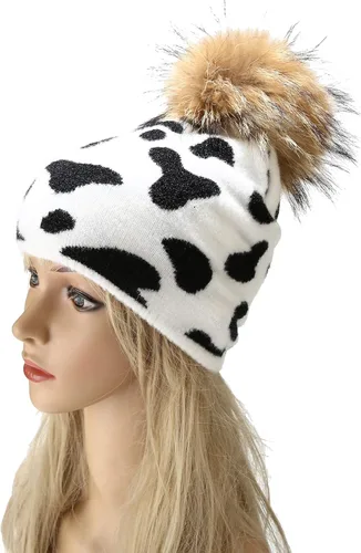 Miniatura 2 de Joylife Gorro de invierno con pompones de piel y diseño de calavera de punto unisex de doble capa