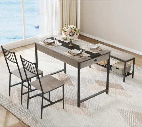 Miniatura 4 de IDEALHOUSE Juego de mesa de comedor para 4 personas, mesa de cocina pequeña y 2 sillas para 4 con banco, juego de mesa rectangular de granja de Gris