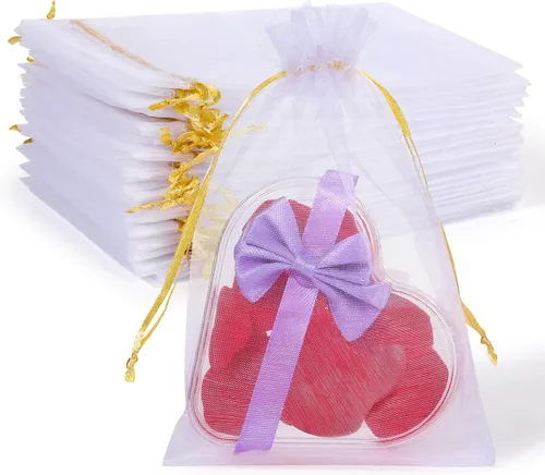 Miniatura 10 de Hopttreely 100 bolsas de organza transparente, bolsas de regalo de joyería roja, bolsas de regalo de boda de Navidad de 4 x 6 pulgadas con cordón