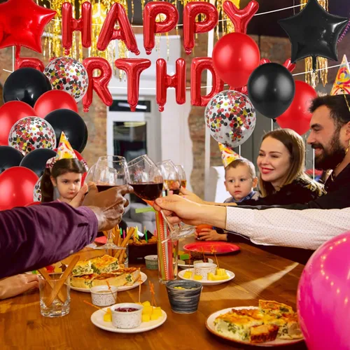 Miniatura 5 de Decoraciones de cumpleaños para hombres y mujeres, globos negros y rojos, pancarta de feliz cumpleaños, cortina metálica con flecos para fiesta