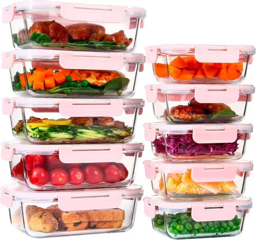 Miniatura 10 de UMEIED Paquete de 10 recipientes de vidrio para almacenamiento de alimentos con tapas a prueba de fugas, juego de recipientes de vidrio herméticos