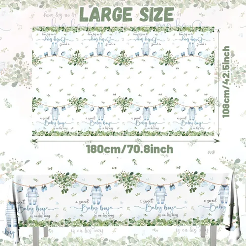 Miniatura 5 de Paquete de 3 manteles decorativos para baby shower, acuarela Greenery A Sweet Baby Boy Is On The Way Baby Shower, mantel impermeable para baby