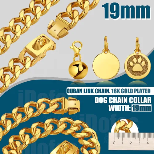 Miniatura 3 de Collar de cadena de oro para perro, collar de cadena de metal de 0.748 in con hebilla segura, collar de perro de eslabones cubanos de oro de 18