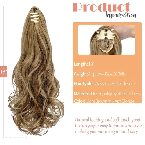 Miniatura 2 de Extensión de cola de caballo de 18 pulgadas, rizado, ondulado, con clip, extensiones de cabello largo sintético para mujer, color marrón claro