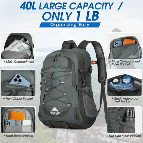 Miniatura 5 de IGOLUMON Mochila de senderismo de 40 L, plegable, ligera, mochila de camping para hombres y mujeres, impermeable, mochila de senderismo al aire Gris