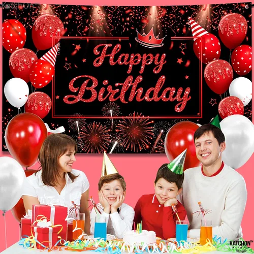 Miniatura 7 de KatchOn, Cartel de feliz cumpleaños negro y rojo, grande, 72 x 44 pulgadas, telón de fondo para decoraciones de feliz cumpleaños, pancarta roja
