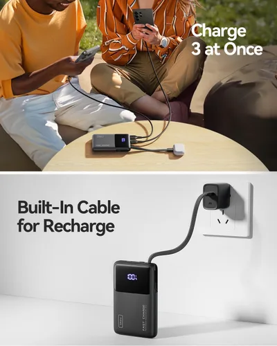 Miniatura 6 de INIU Banco de energía de 45 W, cargador portátil más delgado de 10000 mAh con cable USB-C integrado, batería de entrada y salida USB C de carga Negro