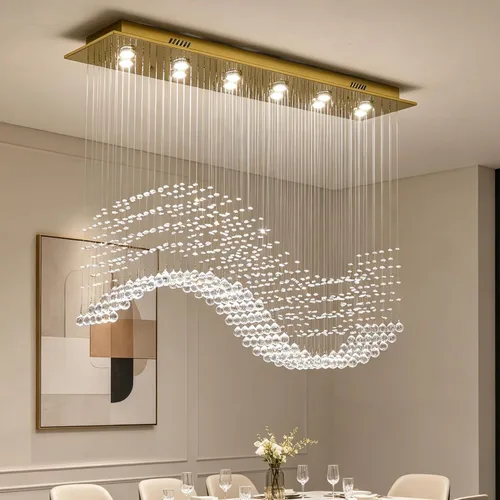 Miniatura 10 de Siljoy Candelabro de Cristal Rectangular Dorado para Comedor, 31.5'' Candelabro de Cristal Moderno con Gotas de Lluvia Onduladas, Lámpara Colgante