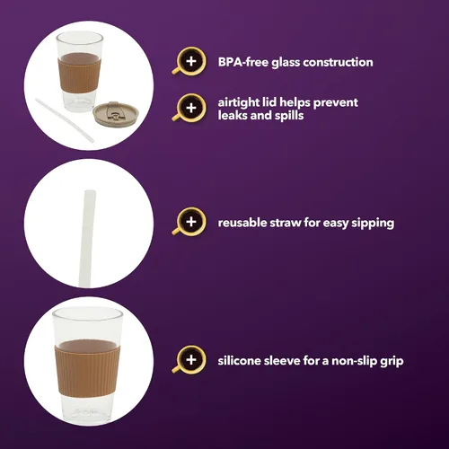 Miniatura 3 de Mr. Coffee Sip Savvy - Paquete de 4 vasos de vidrio marrón latte de 15 onzas con tapas y pajillas, reutilizables para café helado, aptos para Latte
