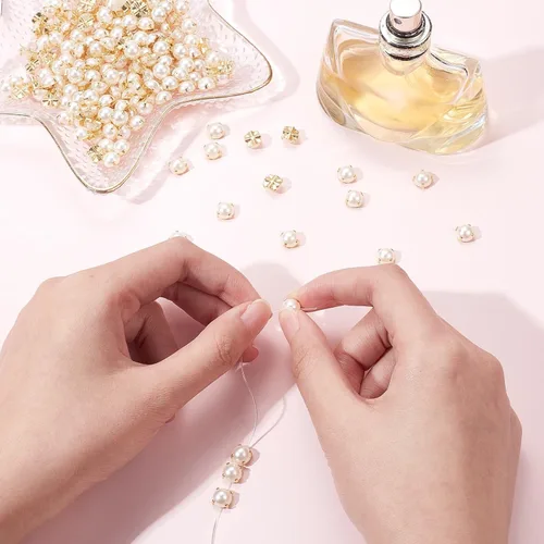 Miniatura 5 de GORGECRAFT 200 cuentas de perlas para coser, dos agujeros, perlas y diamantes de imitación con garra dorada, parte trasera plana, perlas